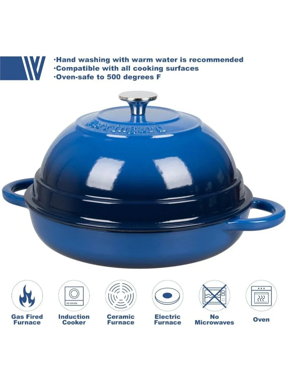 6 Quart Blue Cast Iron Enameled Dutch Oven Pot with Lid for Bread Baking Pan